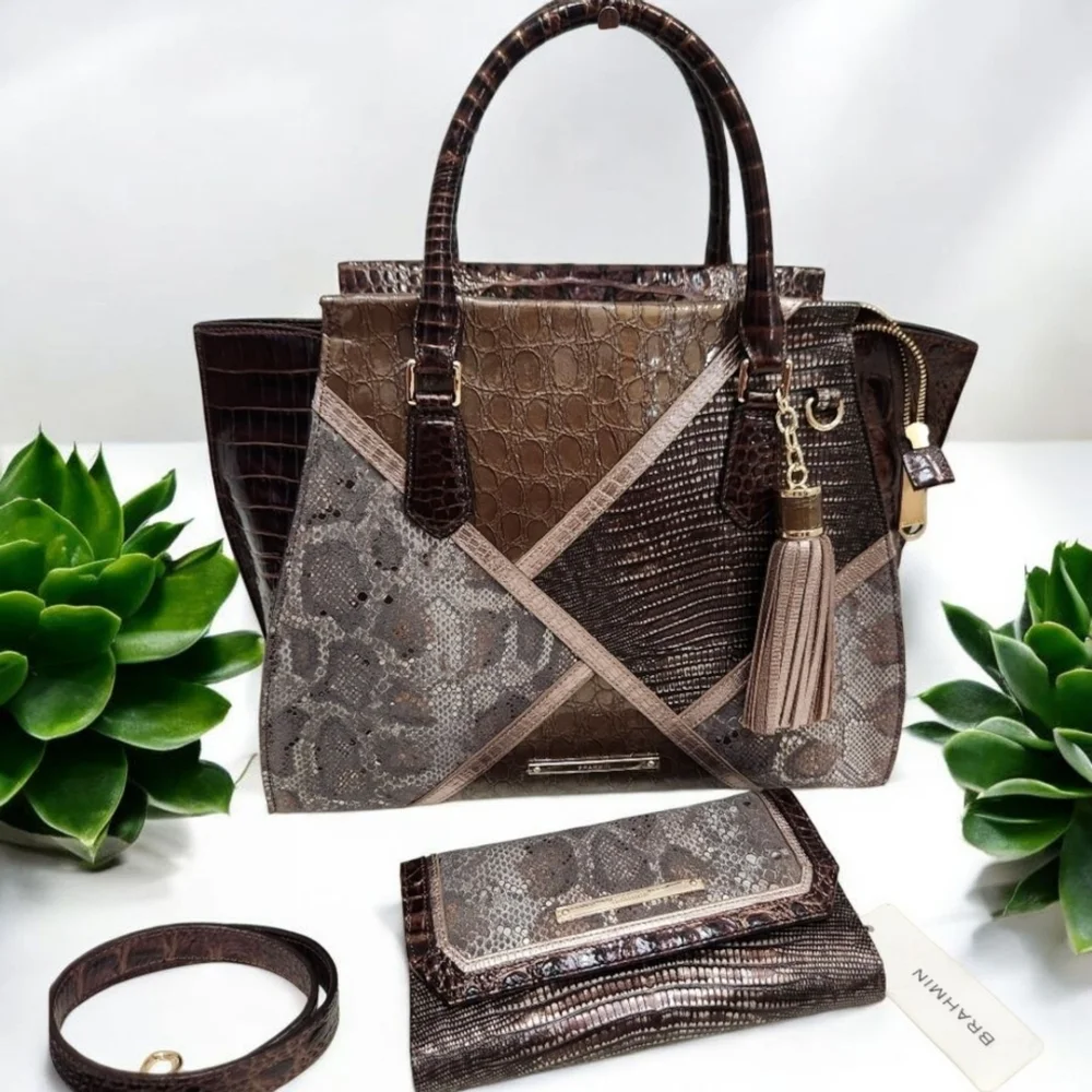 🖤▪️BRAHMIN▪️ TAUPE Tempera PRISCILLA Croc Satchel  Python Patchwork + Wallet